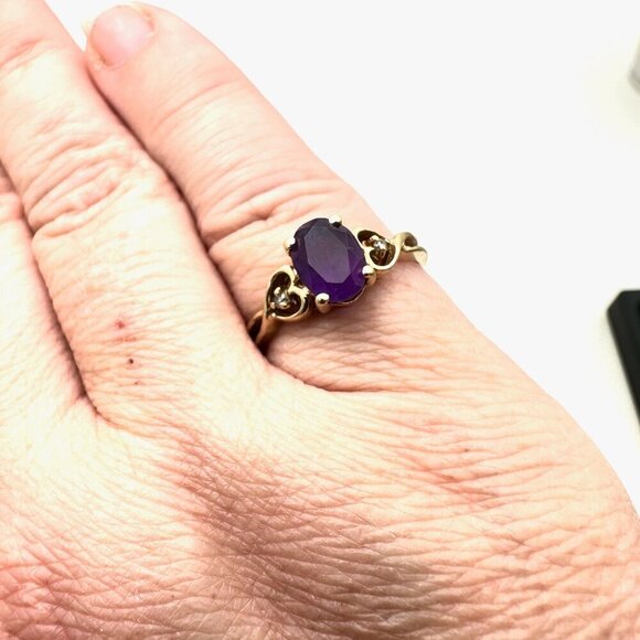 10K Gold Purple Amethyst White Sapphire Heart Ring Size 8 Gift for Girlfriend - Picture 3 of 6